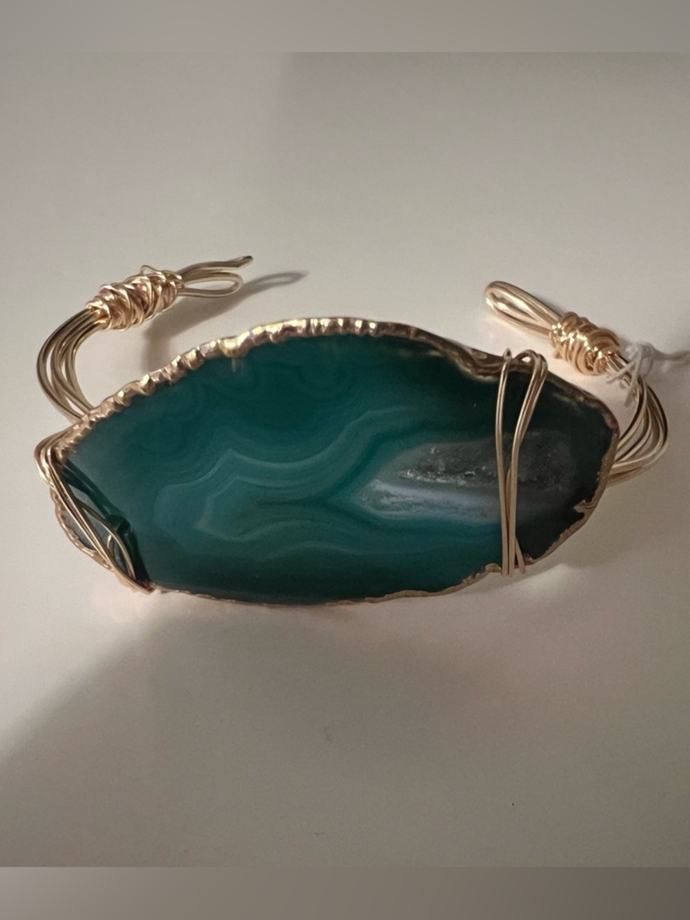 Handmade Gold-Tone Wire Wrapped Green Agate Cuff Bracelet - Women